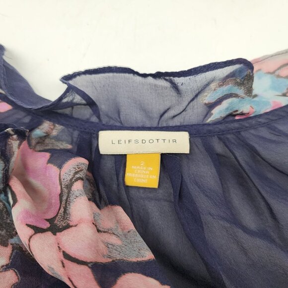 Leifsdottir Sheer Navy Floral Blouse With Ruffled Neckline & 3/4 Sleeves Size S - Picture 3 of 6